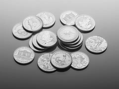 Silver bullion coins, among them American Silver Eagles and Canadian Maple Leafs, on a pale grey surface
