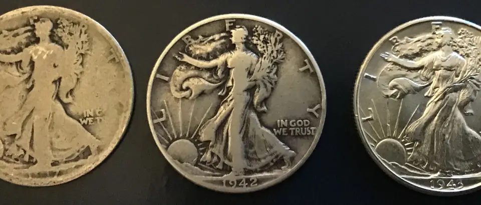 Three Walking Liberty half dollars, 90% silver, from worn to nearly uncirculated